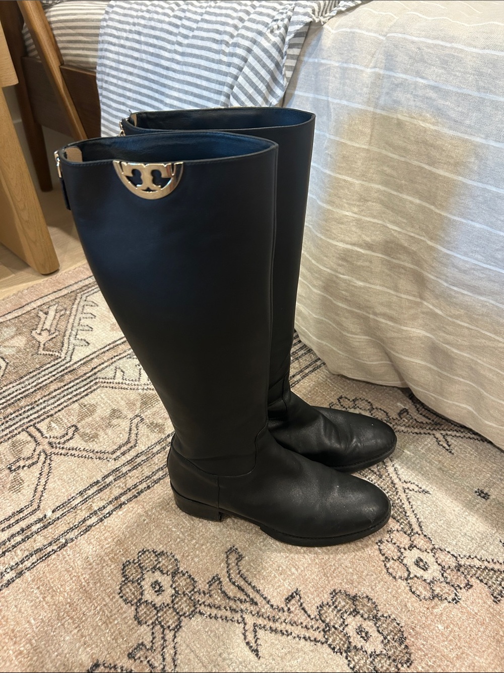 Tory Burch Black Leather Knee Boots with Gold Logo Trim